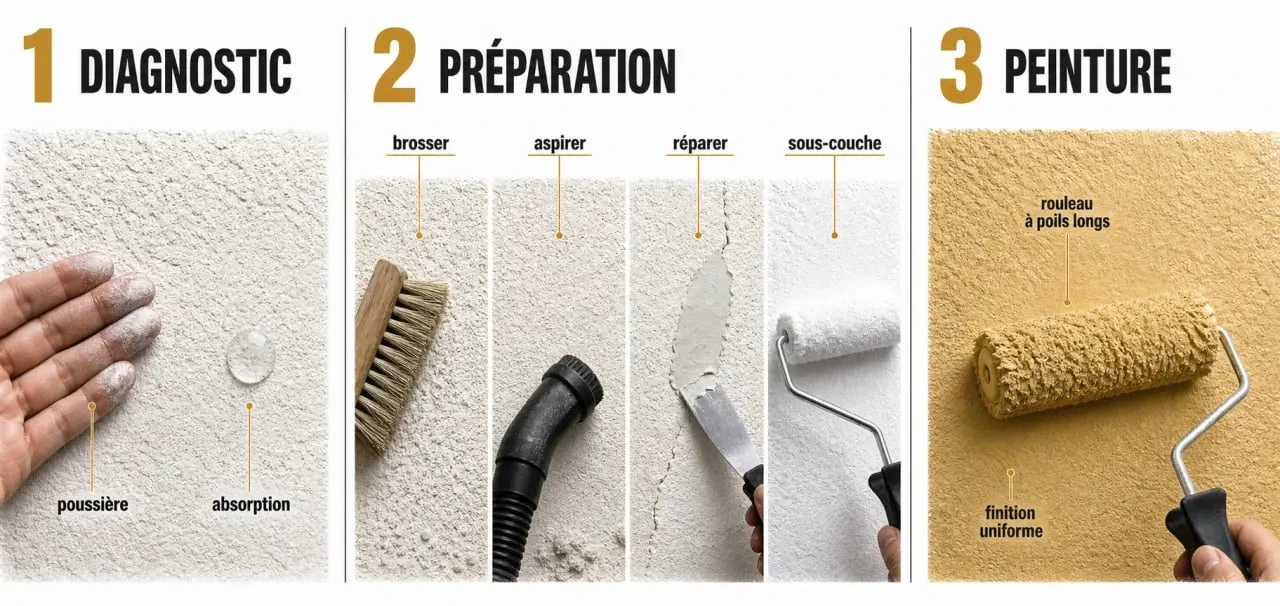 Peinture pour crépis interieur : schéma des étapes de préparation, sous-couche et application sur mur texturé