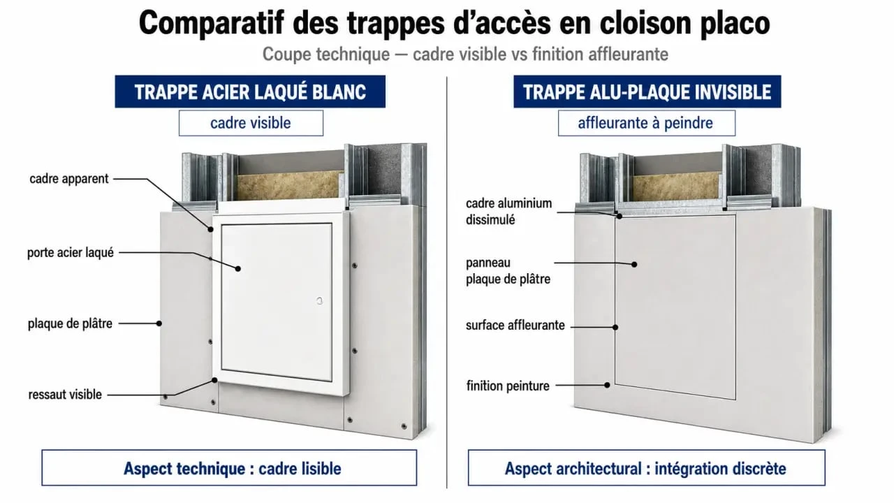 Comparaison entre trappe de visite placoplatre standard et trappe invisible affleurante