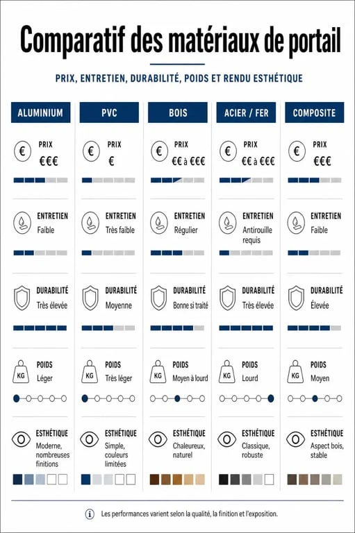 Comparatif des différents matériaux portail avec prix, entretien, durabilité et esthétique