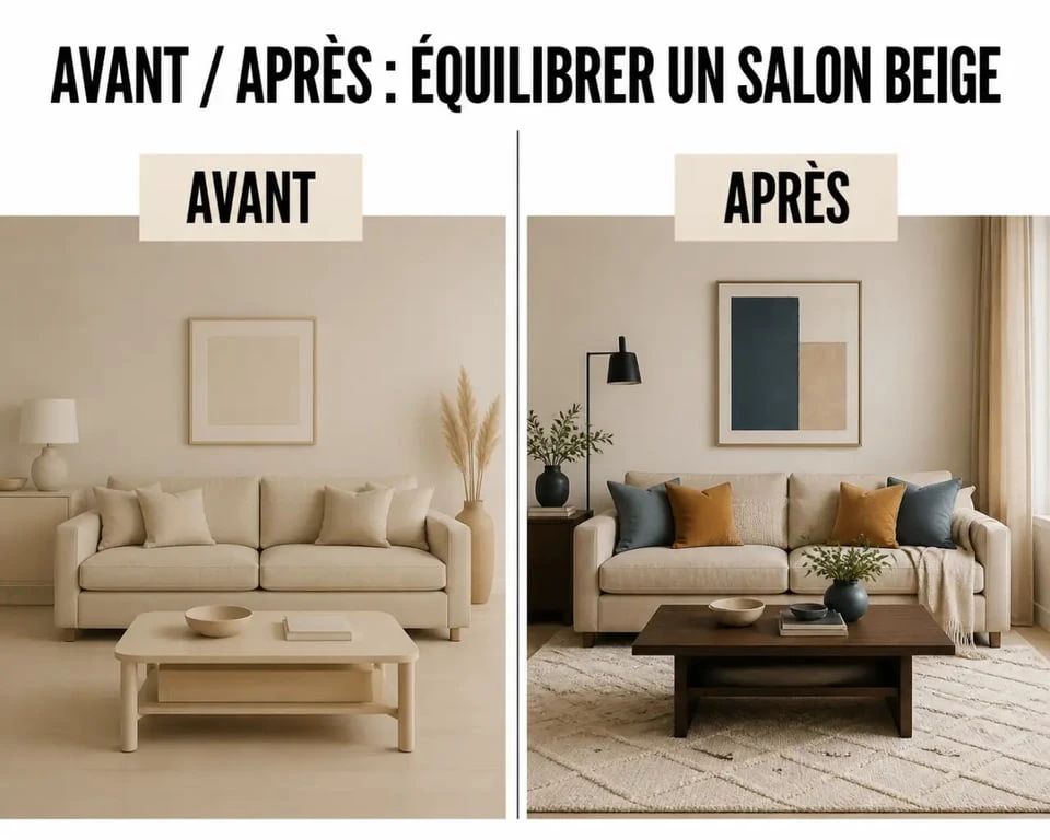 deco salon canapé beige avant après dans un salon plus chaleureux et structuré