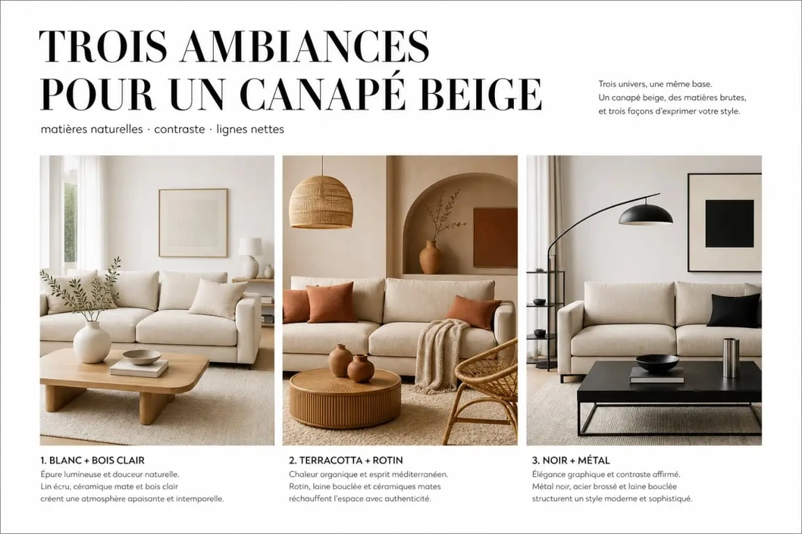 deco salon canapé beige avec associations de couleurs et matières naturelles