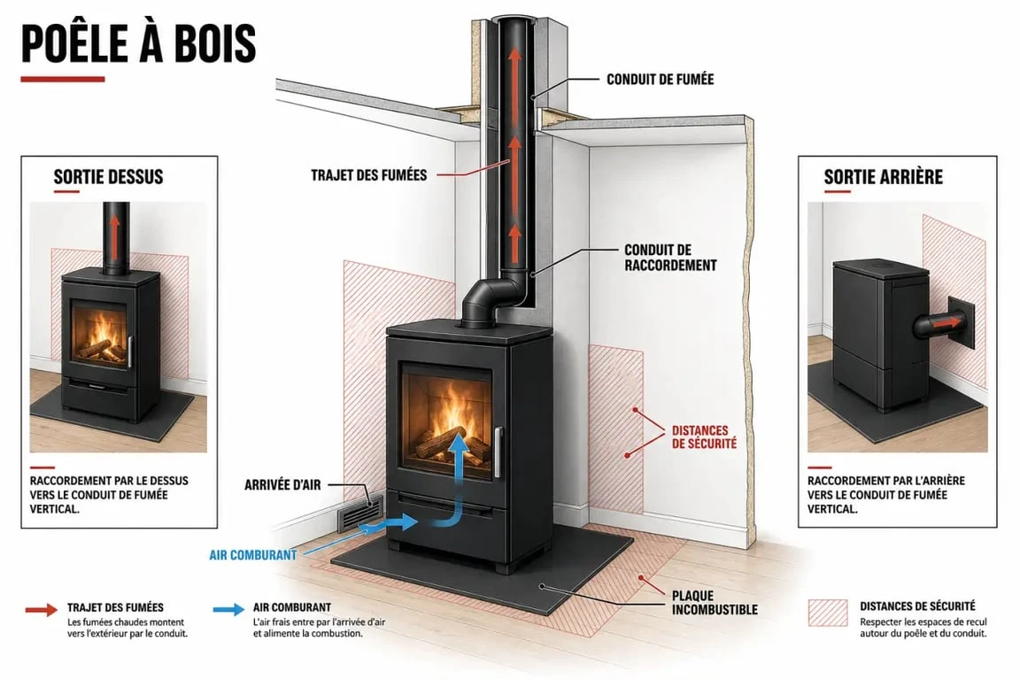 Schéma installation poêle à bois : poêle, conduit, arrivée d’air et distances de sécurité