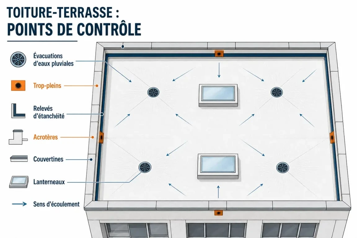 Entretien toit terrasse : schéma des zones sensibles à contrôler sur une toiture-terrasse