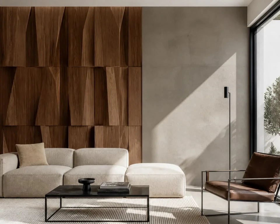 Habillage mur interieur moderne dans un salon contemporain avec panneaux bois et finition minérale