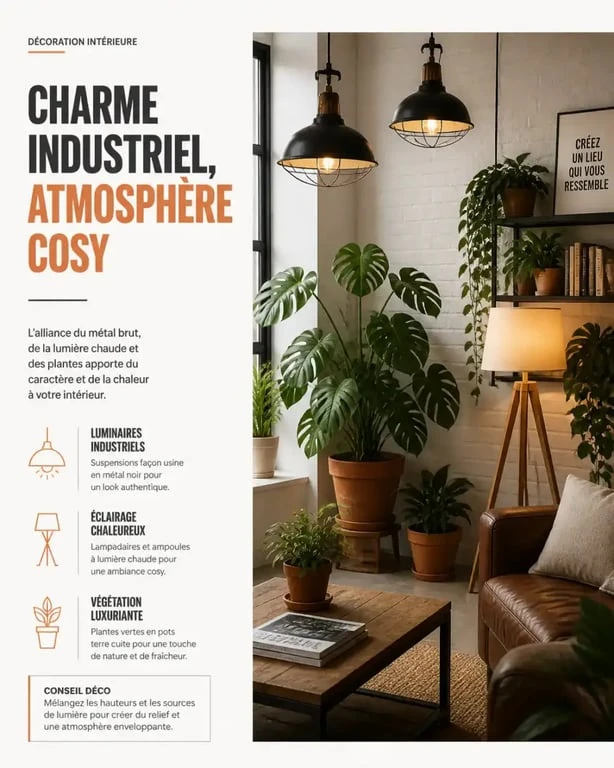 Éclairage chaleureux et plantes vertes dans un salon industriel cocooning