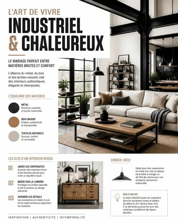 Salon industriel cocooning avec mélange de métal et bois