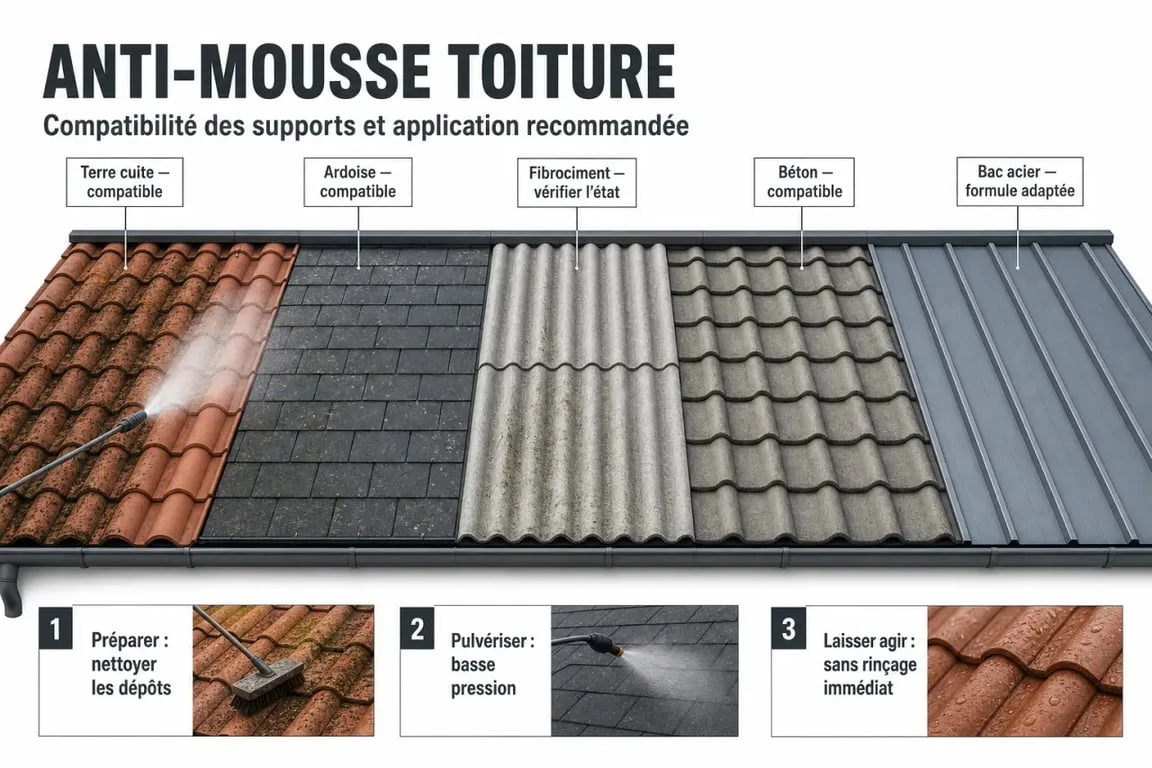 Antimousse sur toiture : compatibilité avec tuiles, ardoises, fibrociment, béton et bac acier