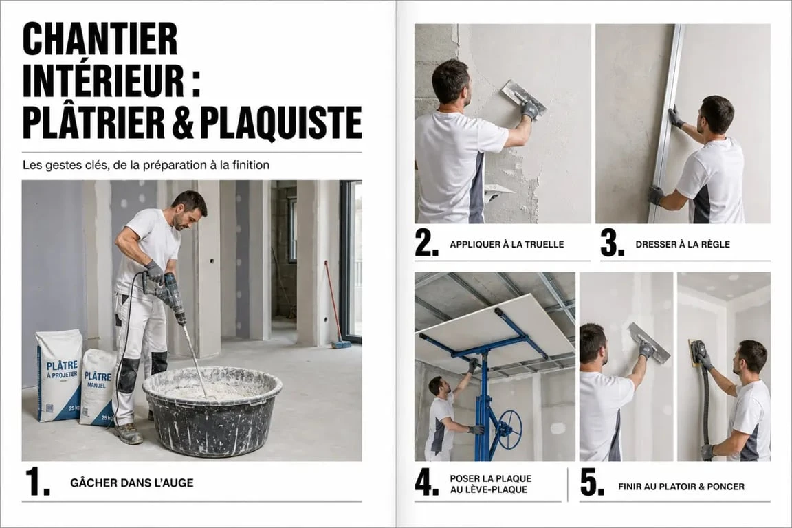 Séquence de chantier avec outils platrier pour gâcher, poser et finir un mur