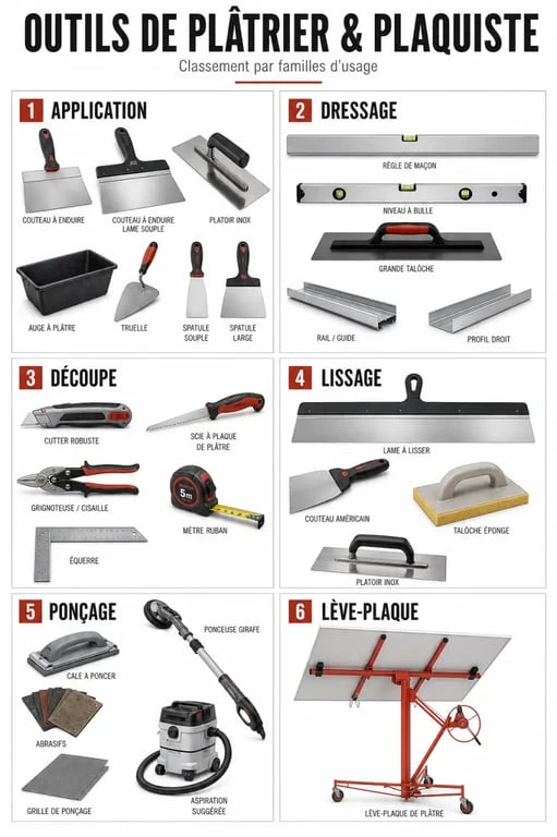Les outils platrier essentiels regroupés par usage sur fond neutre