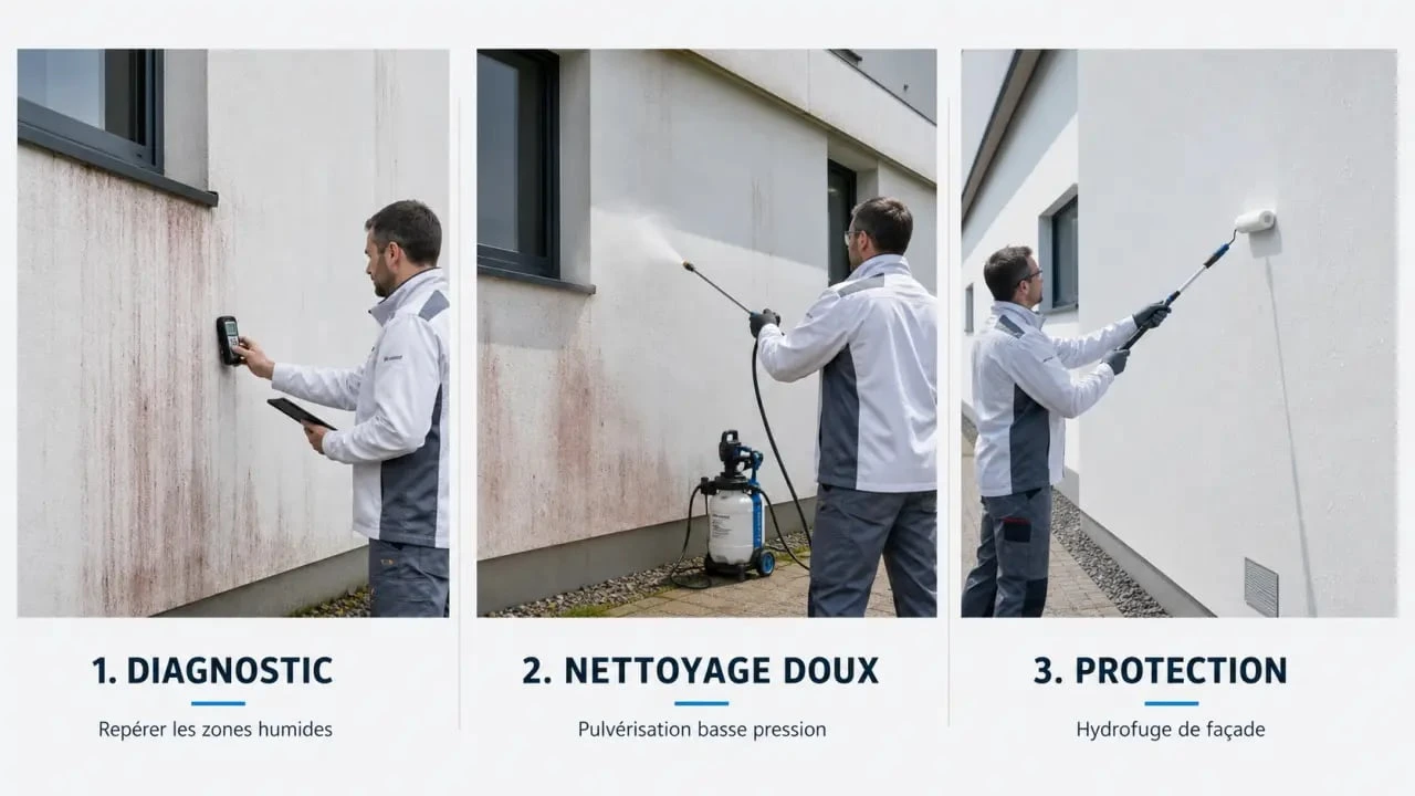 Traitement algues rouges facade en trois étapes : diagnostic, nettoyage et protection