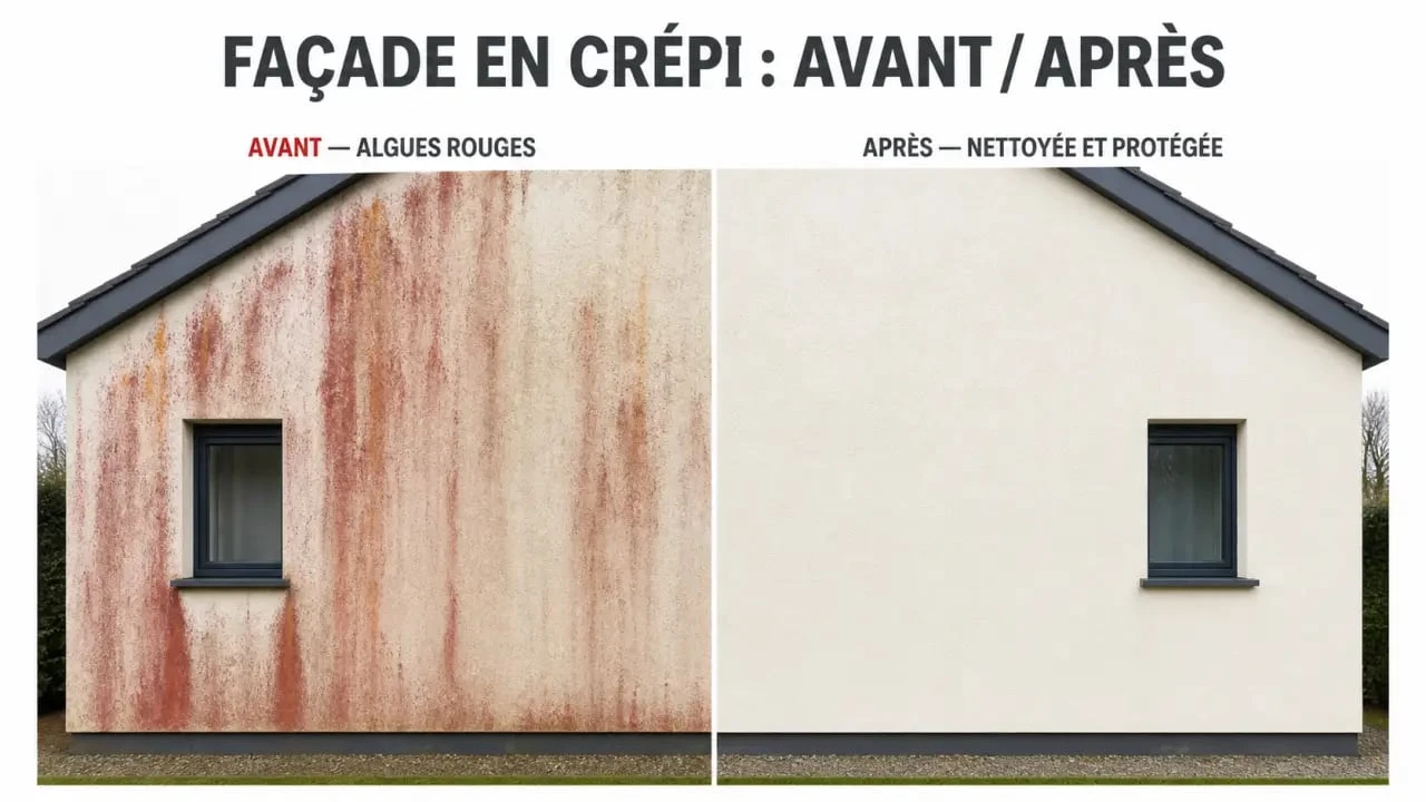 Traitement algues rouges facade avant après sur crépi clair
