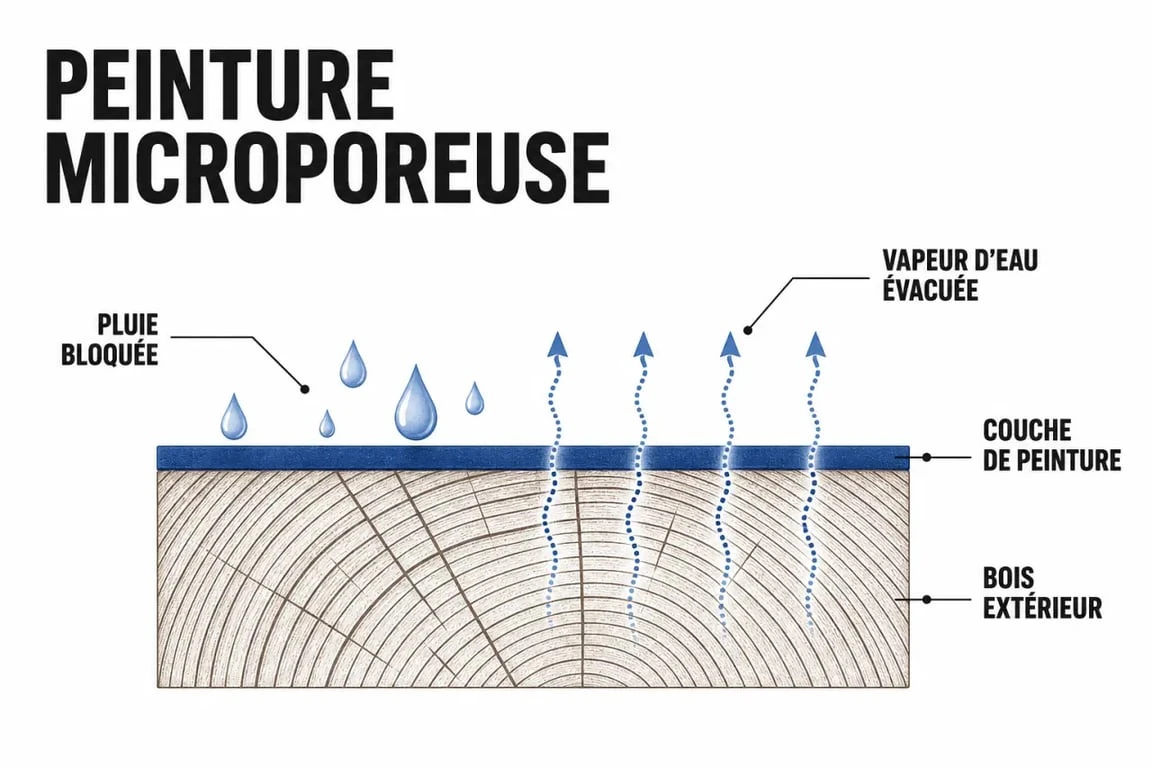 Schéma du fonctionnement d’une microporeux peinture sur bois extérieur avec eau liquide bloquée et vapeur d’eau évacuée