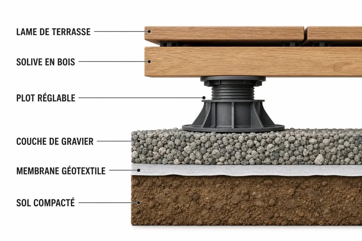 Schéma des couches de préparation du sol avant la pose d'une terrasse en bois