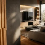 Habillage mur interieur moderne en panneaux bois 3D au salon