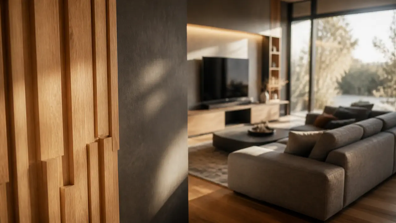 Habillage mur interieur moderne en panneaux bois 3D au salon