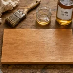 Huile de lin essence de térébenthine sur planche de bois poncée, pinceau et chiffons