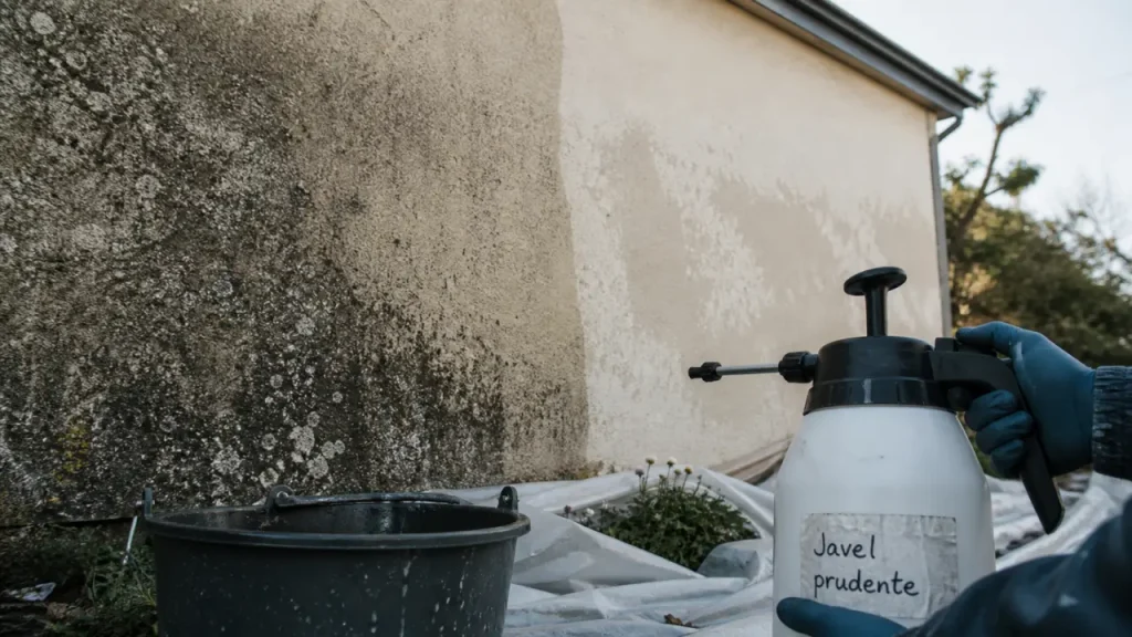 Javel nettoyage facade : avant après mousse et traces sur crépi