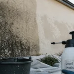 Javel nettoyage facade : avant après mousse et traces sur crépi