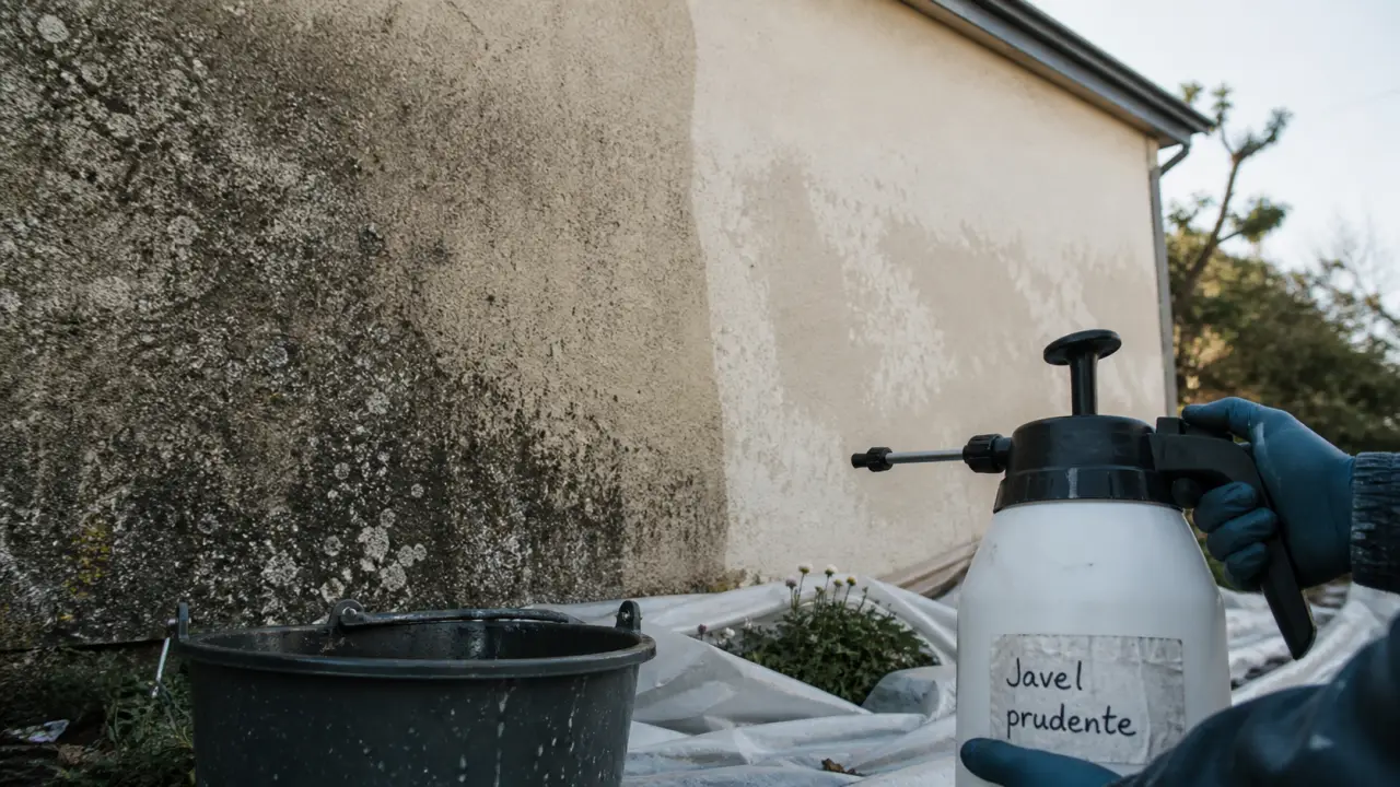 Javel nettoyage facade : avant après mousse et traces sur crépi