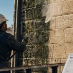 Nettoyage facade var : technicien sur façade, surface assainie