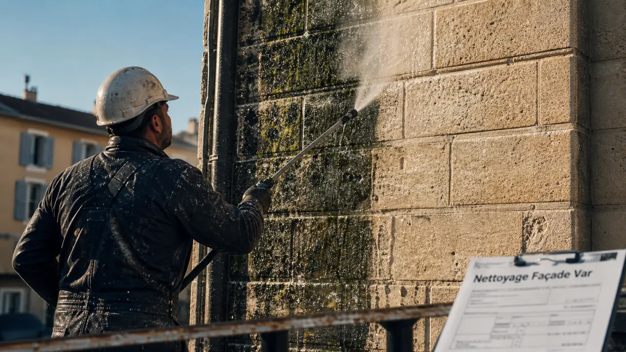 Nettoyage facade var : technicien sur façade, surface assainie