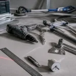Outillage plaquiste : niveau laser sur plaque BA13, règle et visseuse