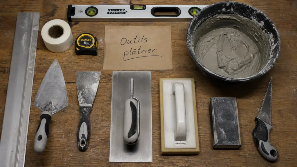Outils platrier : truelle, platoir, taloche, cale à poncer