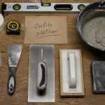 Outils platrier : truelle, platoir, taloche, cale à poncer