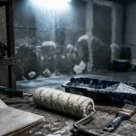 Peinture pour garage mur : rouleau sur murs de béton, traces d’humidité et fissures à traiter