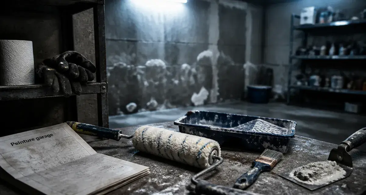 Peinture pour garage mur : rouleau sur murs de béton, traces d’humidité et fissures à traiter