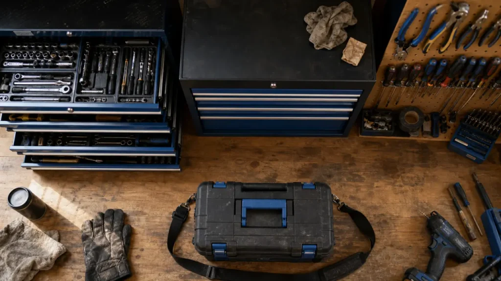 Rangement outil : servante, armoire et panneau mural au garage