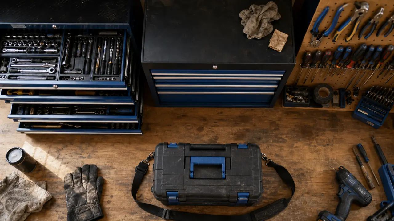 Rangement outil : servante, armoire et panneau mural au garage