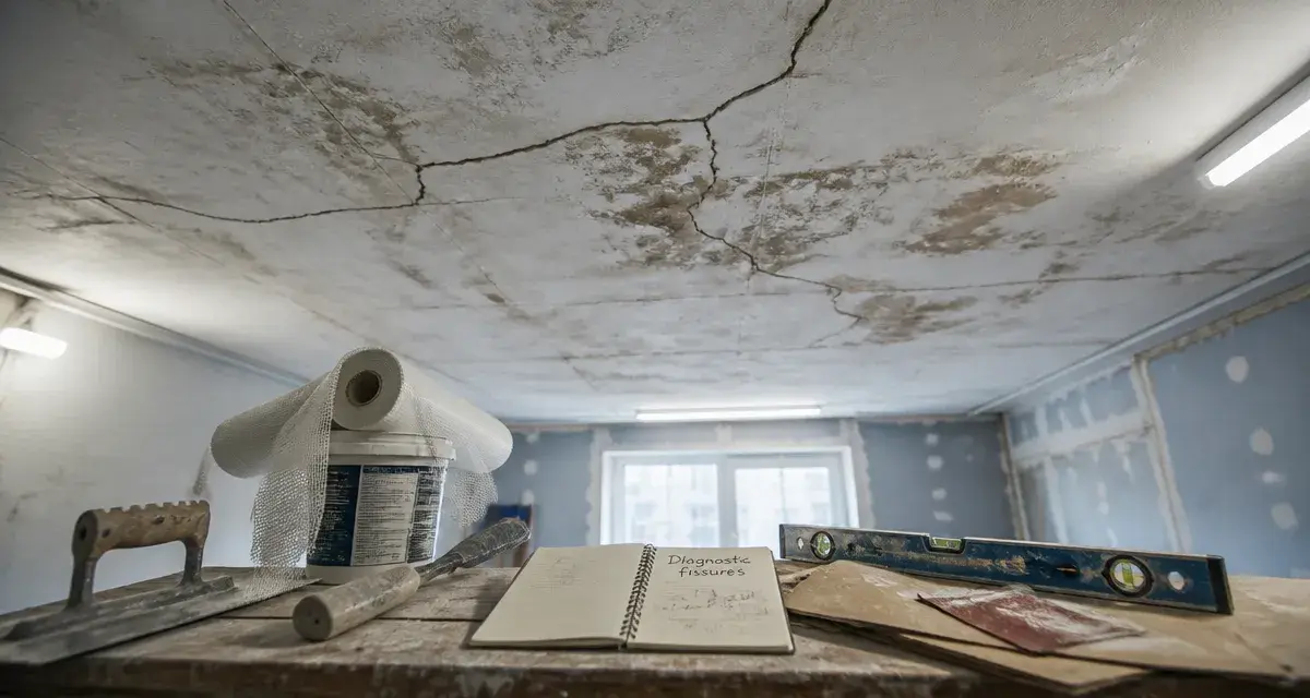 Renove plafond : fissures et taches d’humidité sur plafond intérieur abîmé