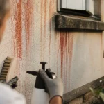 Traitement algues rouges facade : brosse et pulvérisateur sur crépi clair