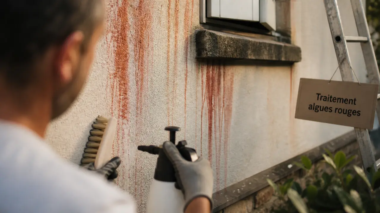 Traitement algues rouges facade : brosse et pulvérisateur sur crépi clair