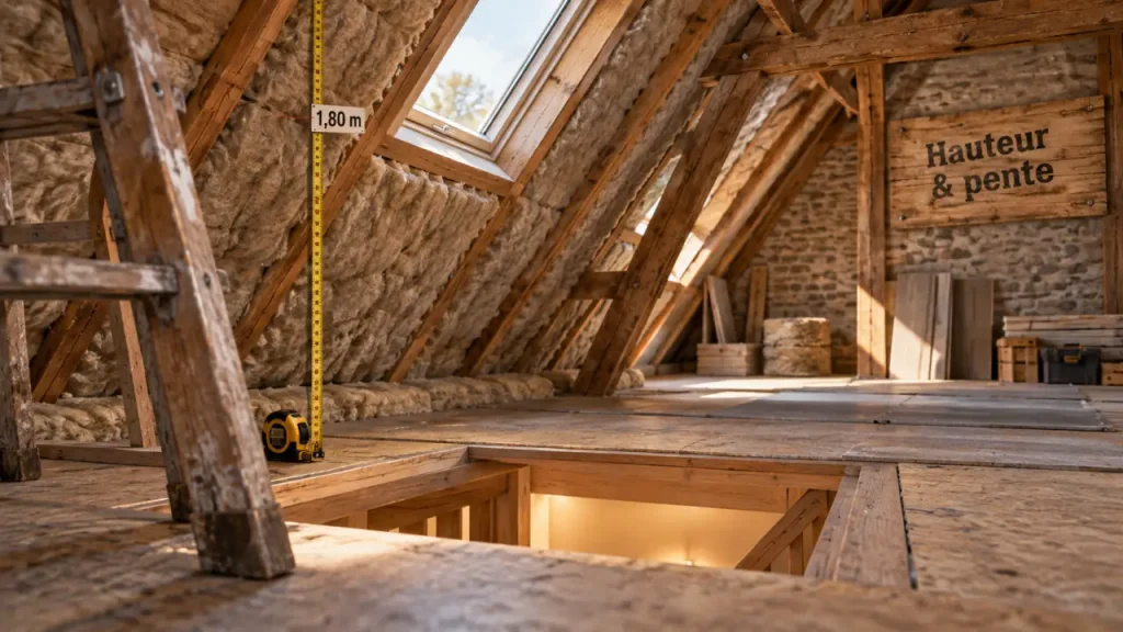 Aménagé comble : hauteur sous toiture et charpente visibles