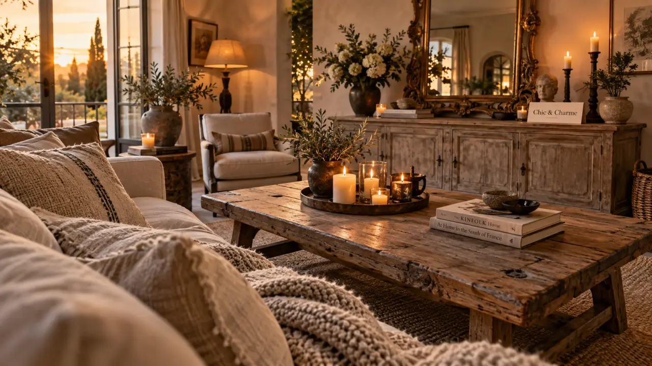 Deco salon chic et charme : coussins en lin, plaid laine, bougies, miroir ancien