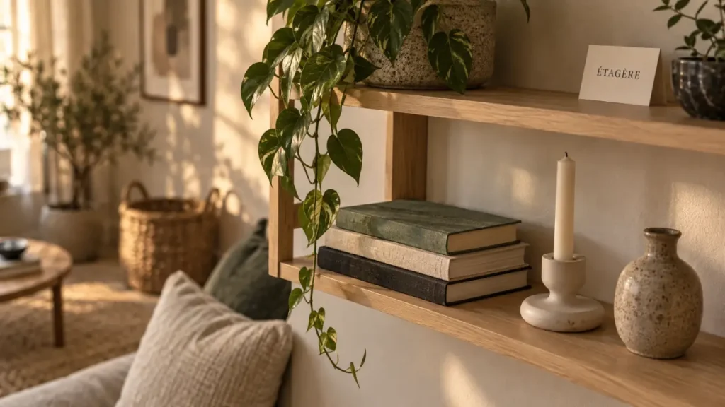 decoration etagere salon : espaces vides, livres, vase, plante, bougeoir