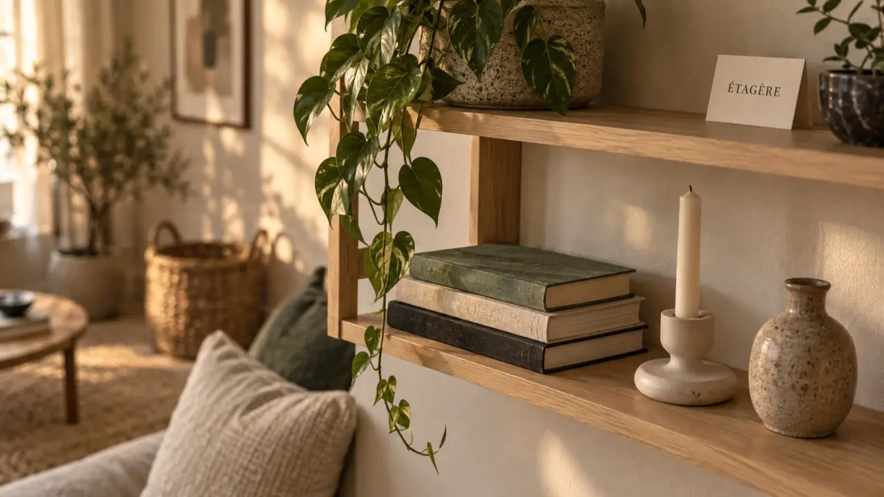 decoration etagere salon : espaces vides, livres, vase, plante, bougeoir