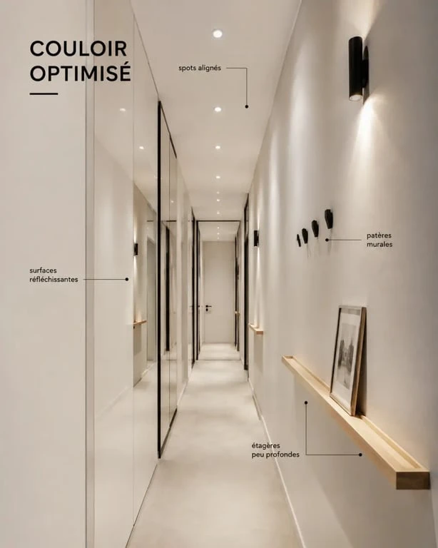 Idée déco couloir moderne pour un couloir étroit et sombre avec éclairage et rangement mural