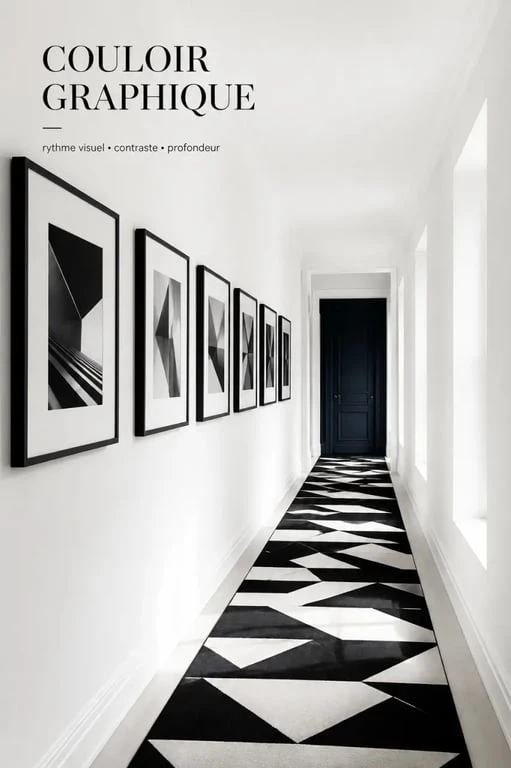 Idée déco couloir moderne dans un long couloir graphique avec mur de cadres et contraste noir et blanc