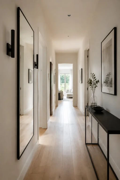 Idée déco couloir moderne dans un couloir clair avec miroir, cadres fins et éclairage doux