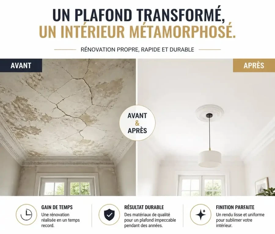 Comparaison avant après d'une rénovation de plafond fissuré
