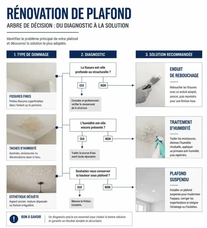 Infographie décisionnelle pour la rénovation de plafond selon le type de désordre