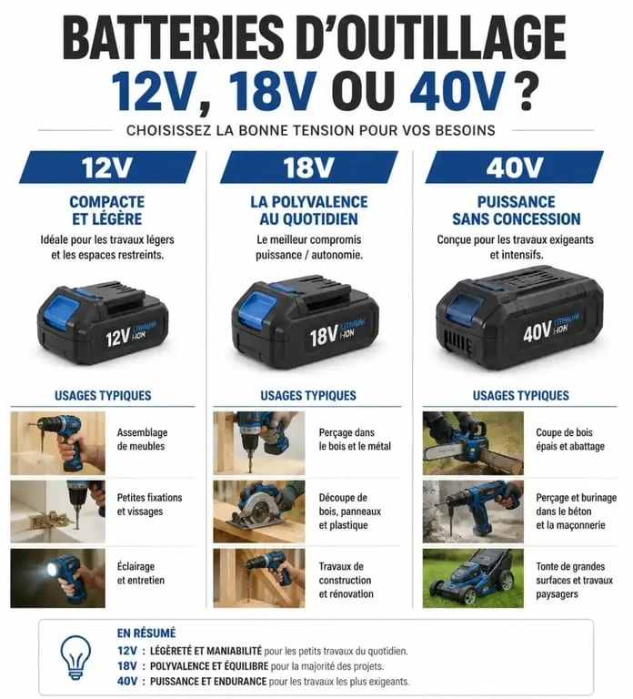 Comparatif des plateformes de batteries d'outillage 12V, 18V et 40V pour choisir sa marque d'outillage