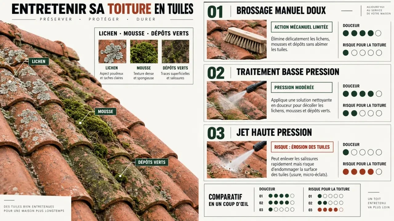 Illustration pédagogique sur le lichen sur toiture et les méthodes de nettoyage adaptées