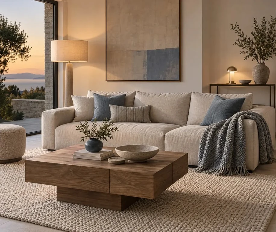 Matières et éclairage d'un salon chic et charme avec lin, laine et bois