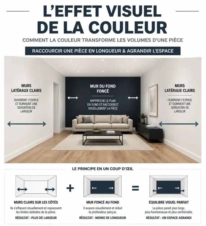 Schéma illustrant comment utiliser la couleur pour agrandir une pièce et modifier les volumes