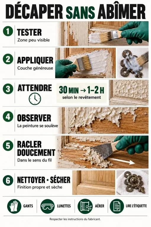 Infographie des étapes d’utilisation d’un décapant peinture sur bois et métal