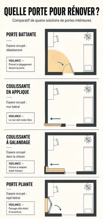 Comparatif des solutions de porte d'intérieur pour rénovation selon l'espace et le type d'ouverture